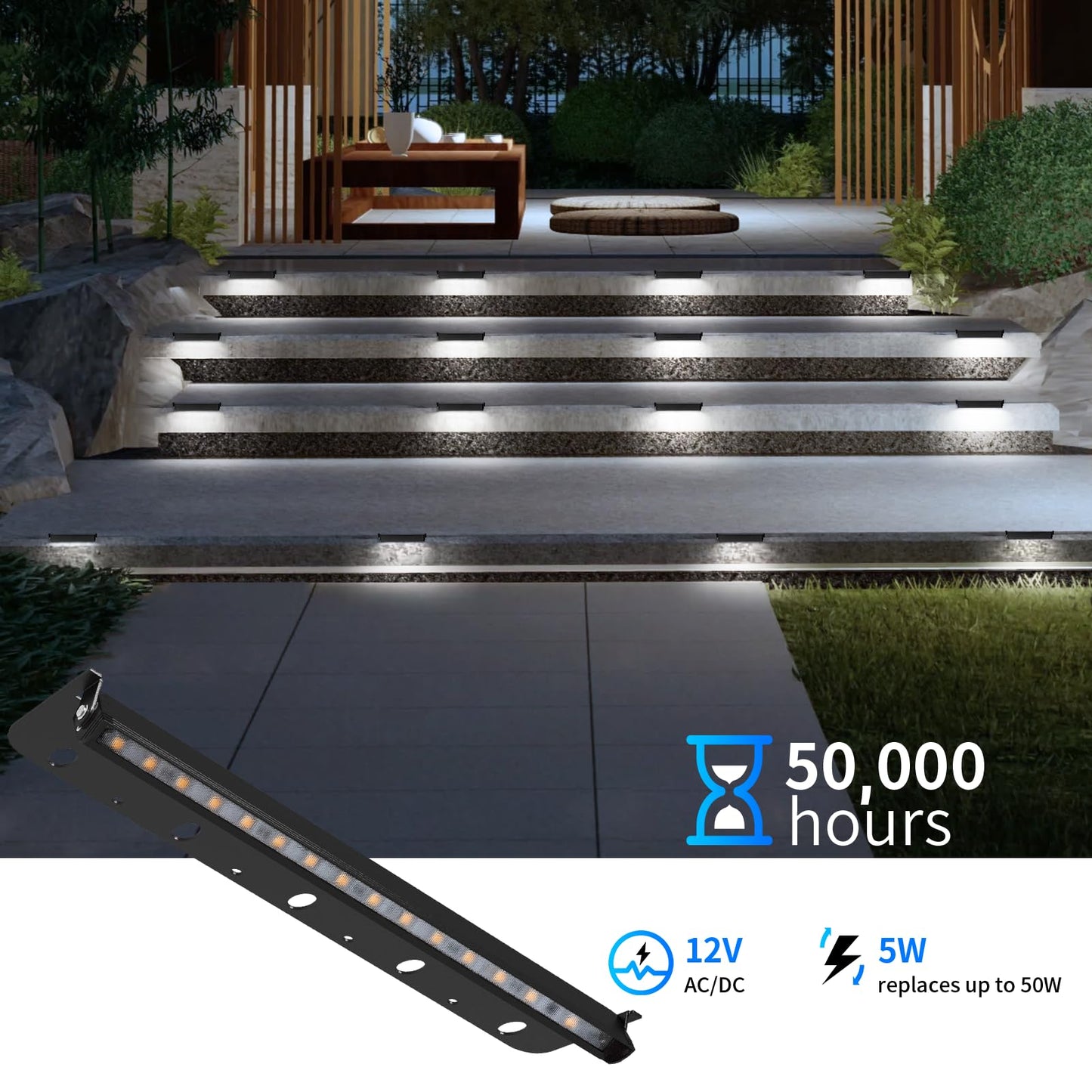 Kwinmyso 8-Packs 5W 12Inch Led Hardscape Paver Lighting 12V Ac/Dc Low Voltage Retaining Wall Lights Landscape Lighting 5000K Daylight White Outdoor Step Light 50 000 Hours Lifespan-Black