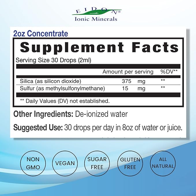 Eidon Ionic Minerals Joint Support Supplement Liquid Concentrate - Contains Ionic Silica and Sulfur, Joint Support Drops, Stronger Hair, Skin, and Nails, Bioavailable, No Preservatives - 2 oz