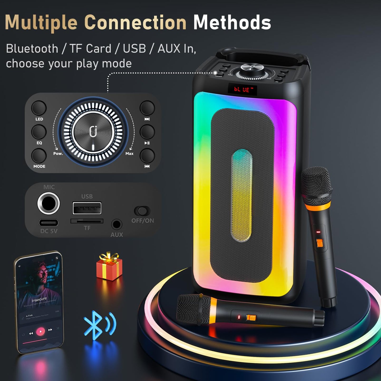 Hwwr Karaoke Machine With 2 Wireless Microphones, Portable Bluetooth Karaoke Speaker For Adults & Kids, Pa System Speaker For Ga