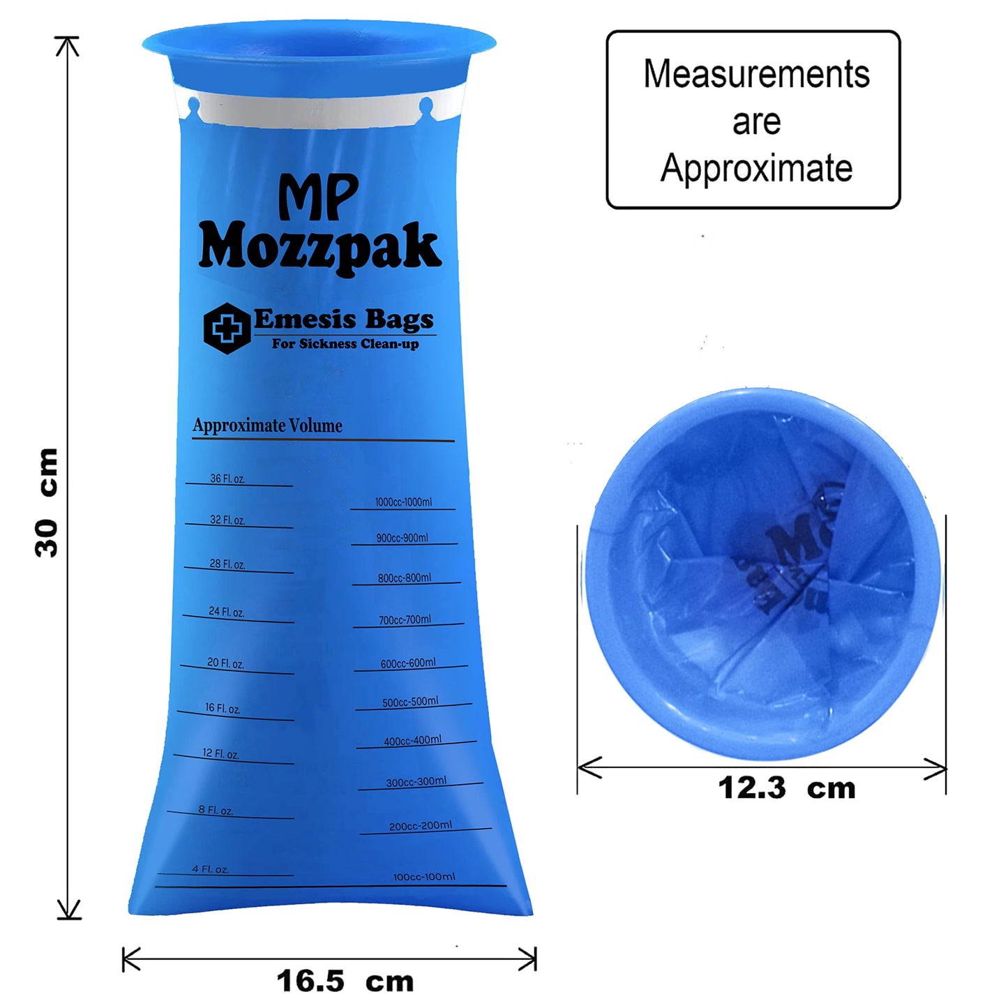 MP MOZZPAK Vomit Bags Disposable 50 Pack - 1000ml Emesis Bags, Leak-Proof Barf Bag, Travel Friendly Puke & Nausea Bag for Motion Sickness, Medical Grade Throw up Relief for Car, AirPlane, & Road Trip