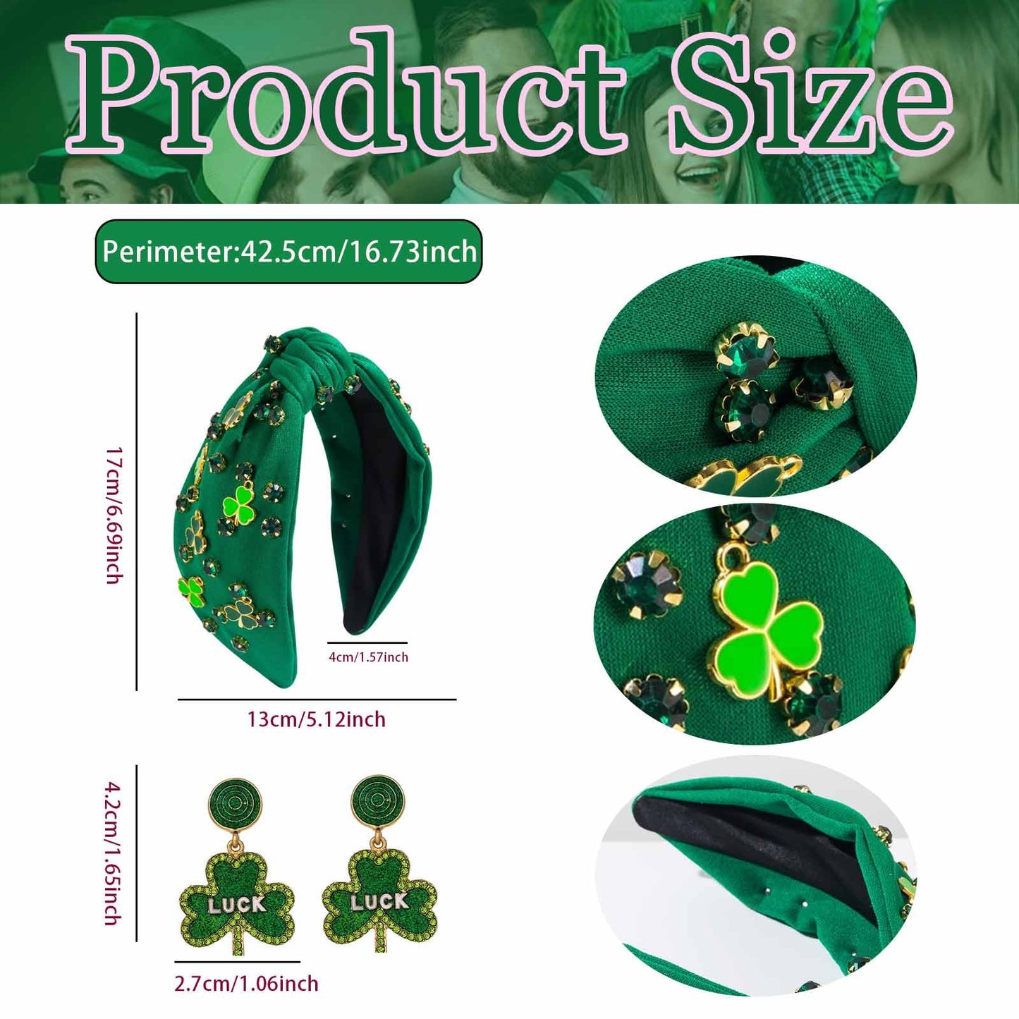 MEFINESHOW St.Patrick's Day Headband Green Shamrock Headband for Women Jeweled Knotted Headband Embellished Crystal Rhinestone W