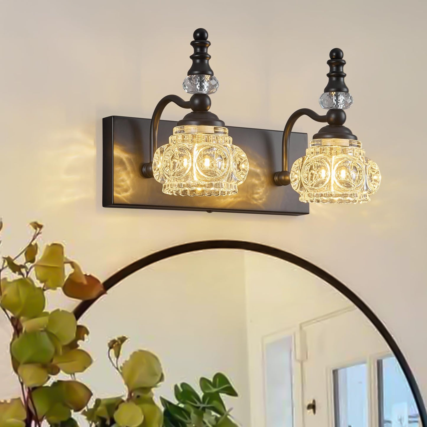 Lbsqj Modern Glass Crystal Bathroom Vanity Light Indoor Wall Lamp Black Vintage Wall Sconces 2-Lights Vanity Lighting Wall Mounted Sconce Wall Lighting
