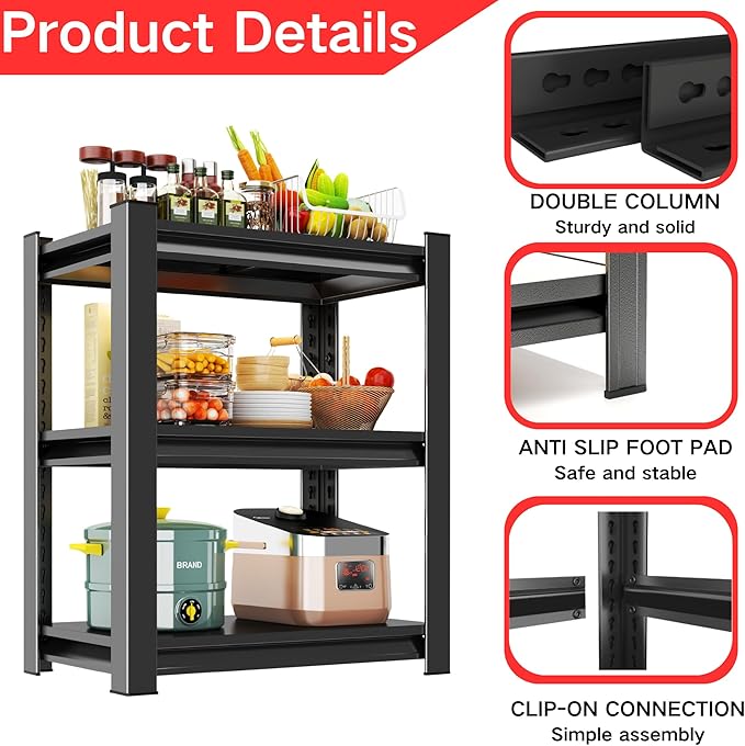 Kitchen Storage Shelves, 3 Tier Adjustable Shelf Organizer, 31.5”High Kitchen Shelving, Reinforced Design Pantry Shelf, Kitchen Appliance Storage, for Pantry and Garage, Black