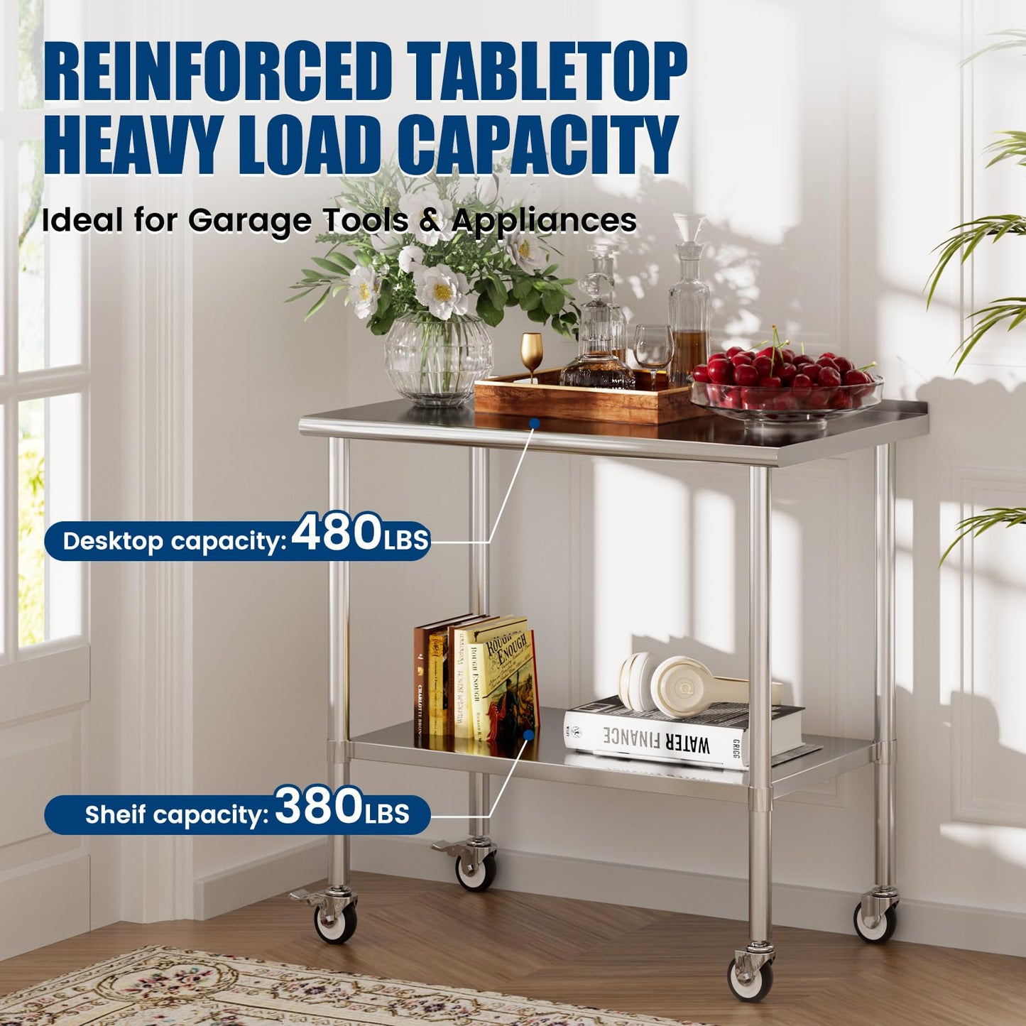 Chingoo Stainless Steel Work Table with Wheels, 24x48 Inch NSF Food Prep Table with Backsplash & Adjustable Undershelf for Commercial Kitchen, Restaurant, Garage