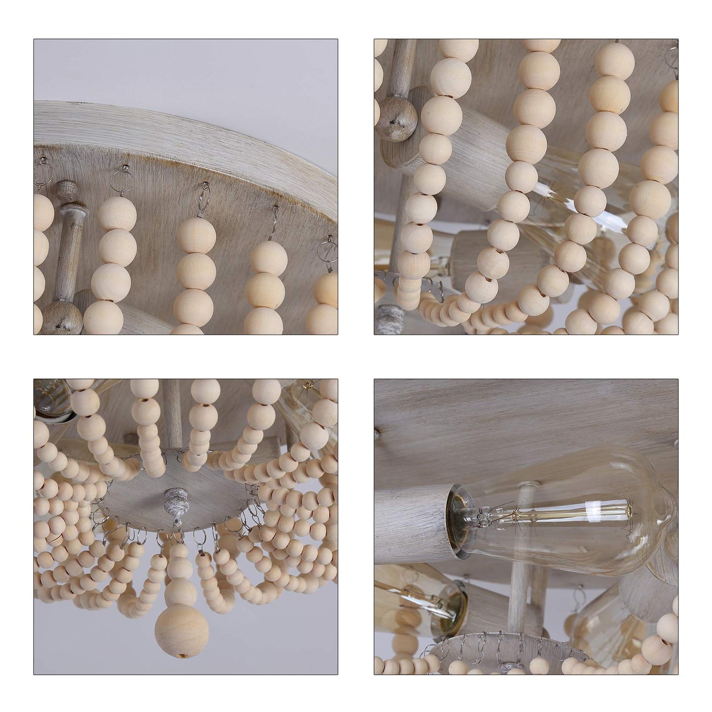 Q&S Wood Beaded Chandelier - Boho Farmhouse Light Fixture, 3 Lights, Oak White, Semi Flush Mount For Hallway, Nursery, Bedroom, Living Room