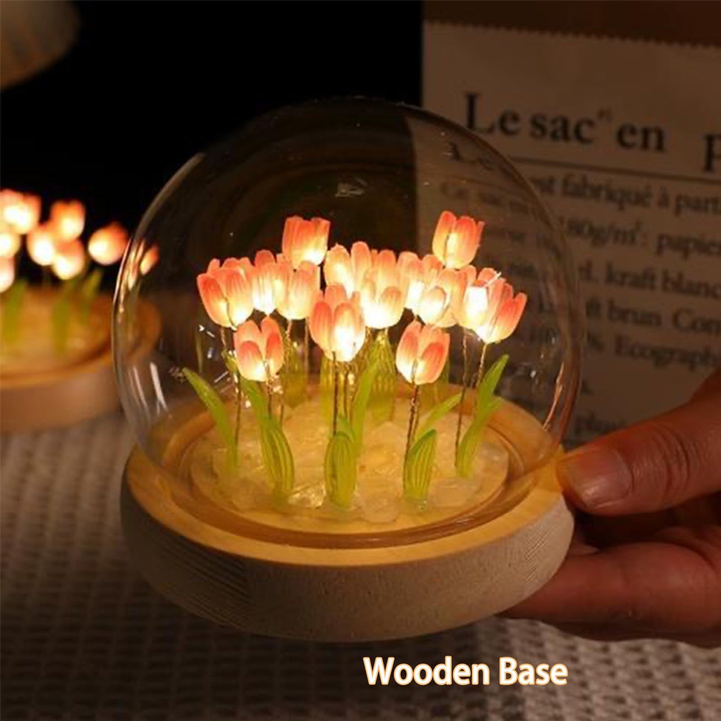 Tulip Night Light Cordless  Birthday Flower Gifts For Her - Small Flower Lamp With Glass Cover  Wooden Base And Gift Bag -Cute Romantic Home Decor For Mom  Grandmother  Wife  Girlfriend  Sister  Women