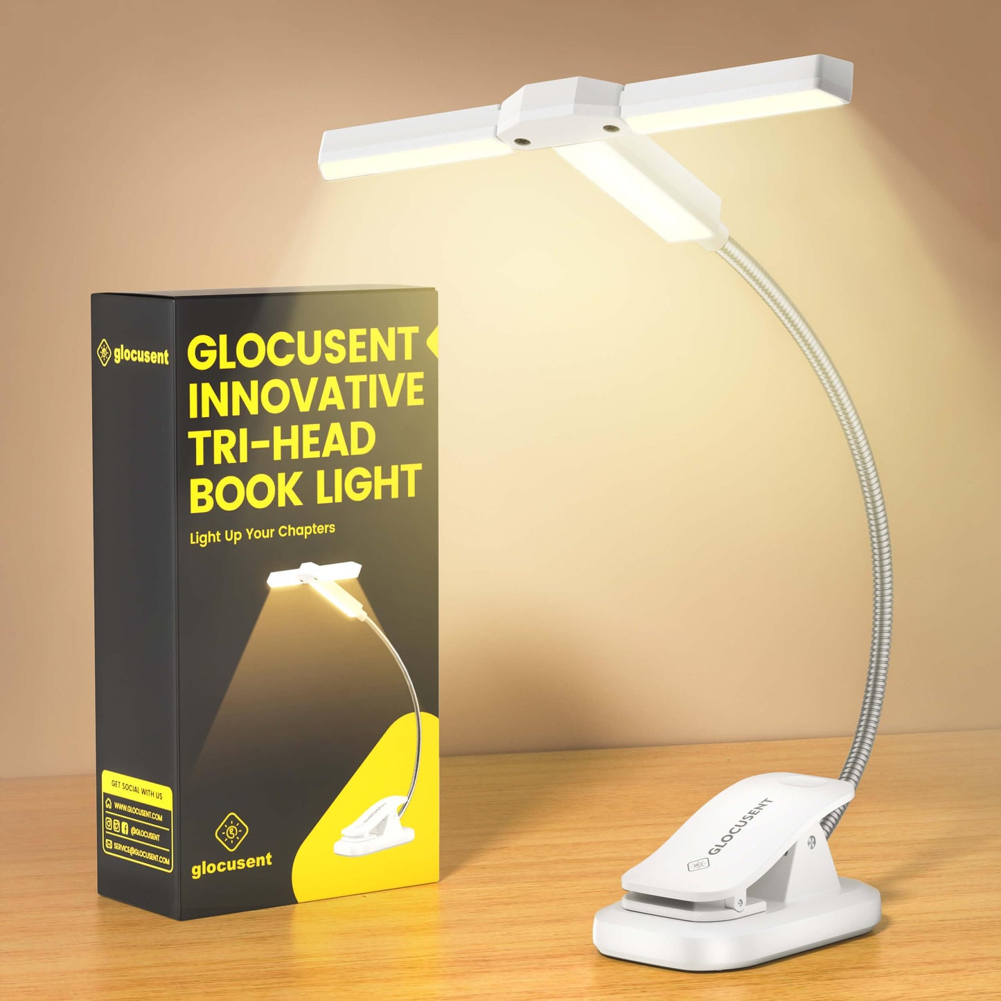 Glocusent Tri-Head Book Light, 1000mAh Rechargeable, 3 Colors, 5 Brightness Levels, White, Model GLCSNTA2301