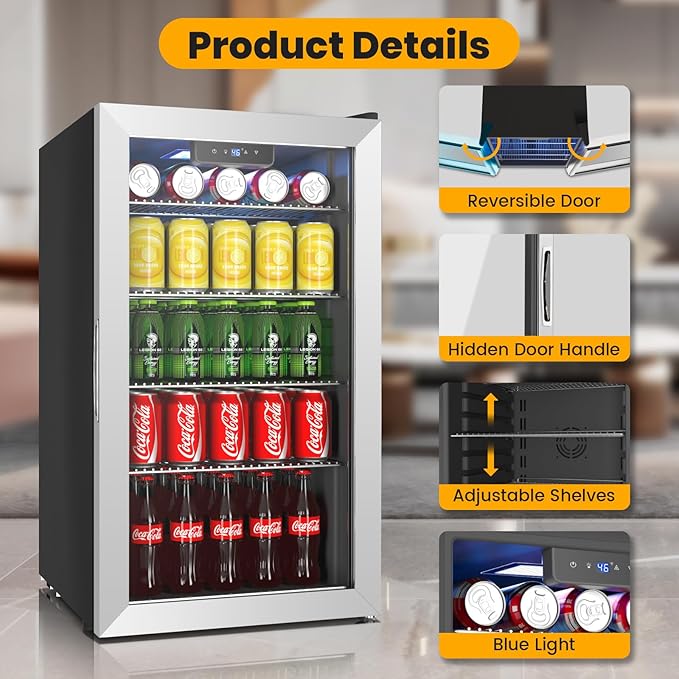 Mini fridge,116 Can Beverage refrigerator cooler with Glass Reversible Door for Soda Beer Wine, 3.2 Cu.ft Small Refrigerator for Home Kitchen, Adjustable Removable Shelves,Hidden Door Handle