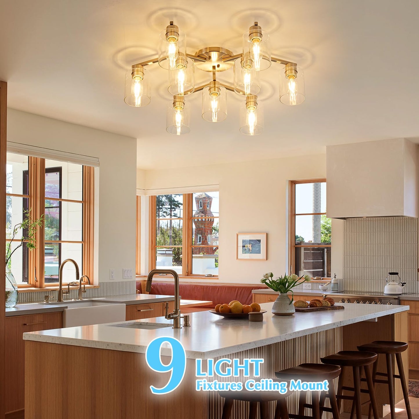 Diduio Brushed Nickel 9 Light Dining Room Ceiling Light Fixture Large Semi Flush Mount Ceiling Light Fixture Kitchen Lighting Fixtures Ceiling Light For Living Room With Clear Glass Shades