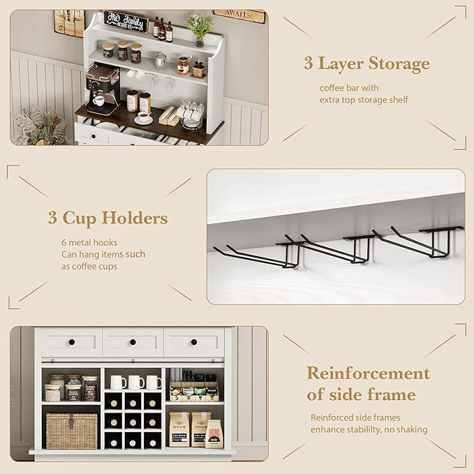 63 Inch Tall Coffee Bar Cabinet with 3-Tier, Kitchen Hutch with 3 Large Drawers, Farmhouse Coffee Bar with 9 Wine Racks & 3 Glass Holders, Wine Storage Cabinet for Living Dining Room, White