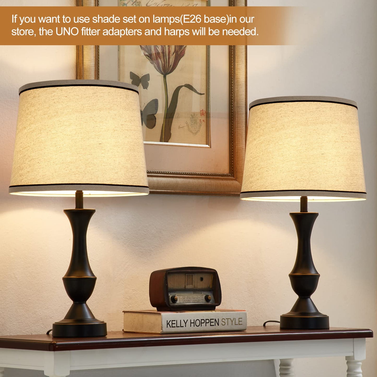 Luvkczc Medium Drum Lampshades Set of 2, Beige enhanced Linen, 13in Top x 11in Bottom x 10in High, Harp Holder Included