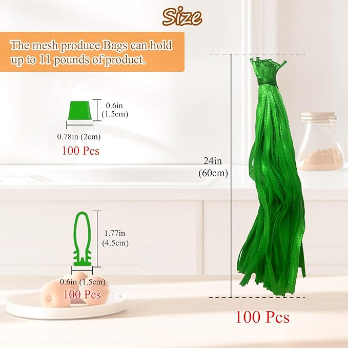 Limso 100 PCS Seafood Boiling Bags, 24 Inch Seafood Bag Onion Bag Mesh Nylon Netting, Reusable Mesh Produce Bags, With 100 Pcs Loop-Style Closures (Green)