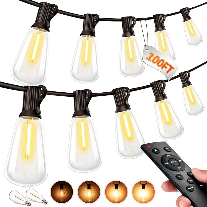 Outdoor String LED Patio Lights - 100Ft 30M Outside Waterproof Light with Remote Dimmable ST38 Shatterproof Bulb Connectab...