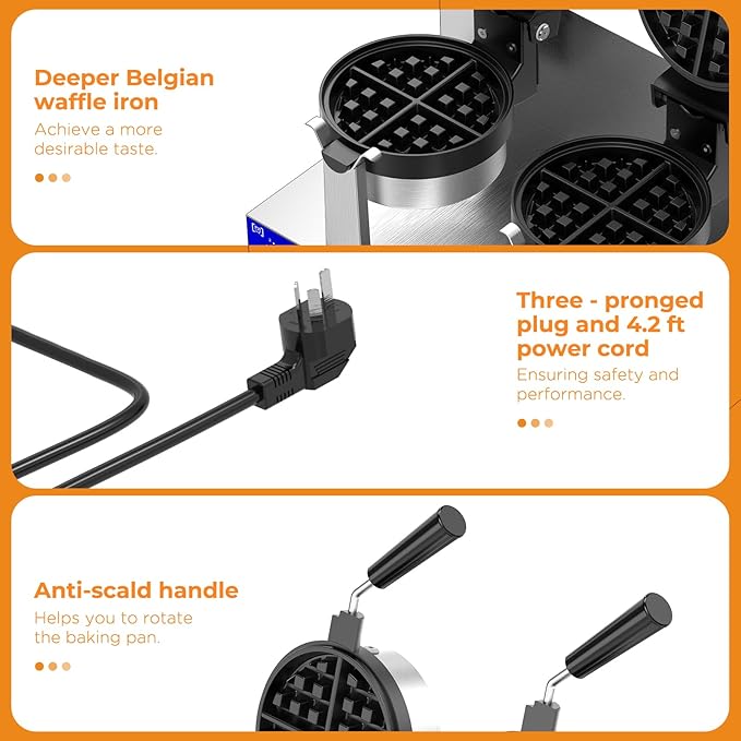 Commercial Belgain Waffle Maker - Rotating Double Waffle Maker w/Non-stick and 1.2 in Thick, Filp Belgian Waffle Machine w/ 122-572℉ Temp Range and Timer, Stainless Steel Waffle Iron, 2400W