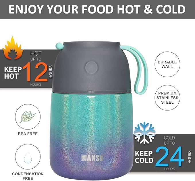 Itslife Insulated Thermo Food Jar for Hot & Cold Food for Kids Adult, 17 oz Soup Thermal Hot Food Containers for Lunch, Triple Layer Insulation Stainless Steel Food Jar with Spoon (Rainbow)