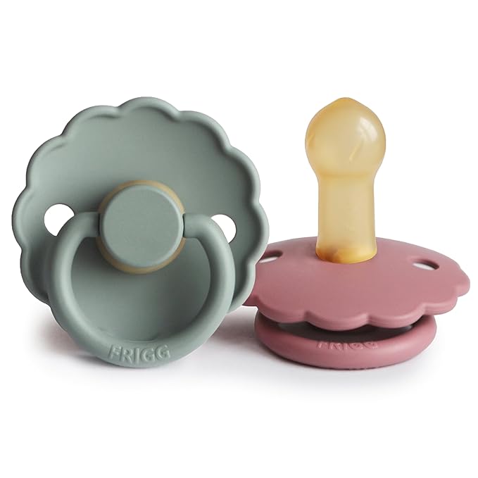 FRIGG Daisy Natural Rubber Baby Pacifier | Made in Denmark | BPA-Free (Dusty Rose/Lily Pad, 6-18 Months) 2-Pack