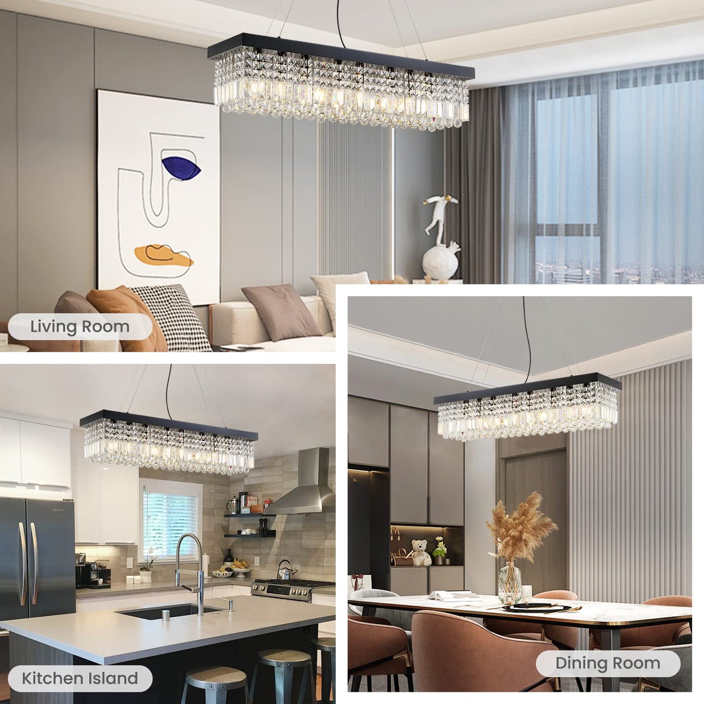 7Pm K9 Crystal Chandelier - Modern Rectangular Pendant Lighting, L40 X W10 X H10, Black Stainless Steel, Model Cl010842