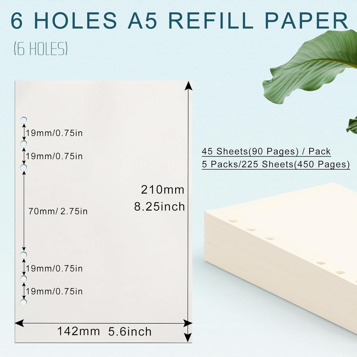 Toplive A5 Refill Paper [5 Pack], 100GSM Thick 6 Hole Loose Leaf - 225 Sheets (450 Pages), Blank Refillable Filler Inserts for 6 Ring Binder/Journal/Notebook - Perfect for Sketching & Creative Notes