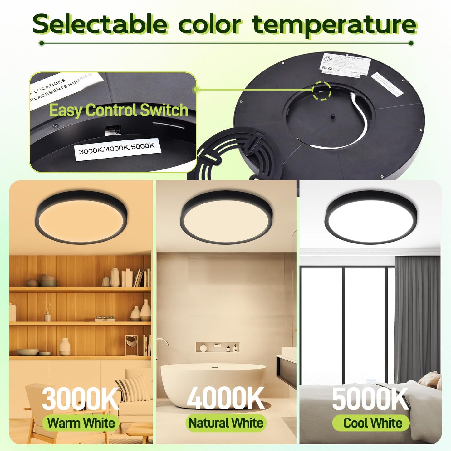 hykolity LED Round Flat Panel Light, 18W 1800LM, Selectable CCT 3000K/4000K/5000K, 9 Inch, Black,