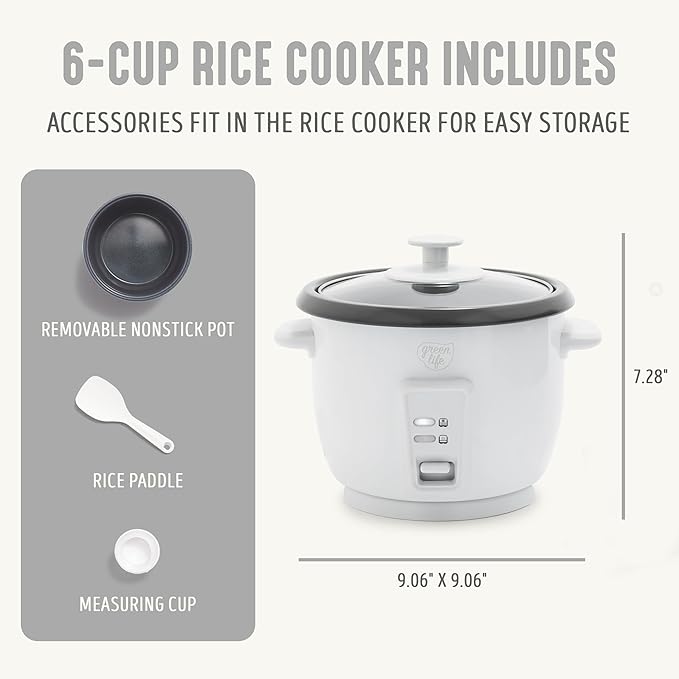 GreenLife Rice Cooker with Removable PFAS-Free Nonstick Pot, 3-Cups Uncooked/6-Cups Cooked, One-Switch Design, Auto Keep Warm Function, Soup, Grains, Oatmeal, Wood Handle, White
