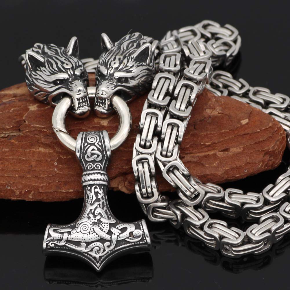 GuoShuang Men Stainless Steel Wolf Head Norse Viking Amulet Thor Mjolnir Necklace King Chain with Valknut Gift Bag (28 INCH)