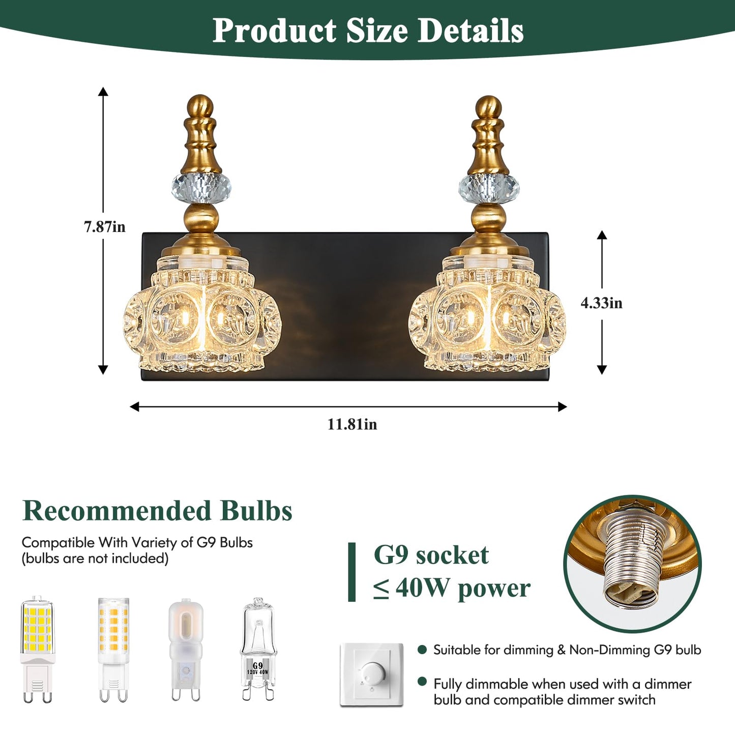 Lbsqj Modern Glass Crystal Vanity Light - Vintage Bathroom Lighting Fixtures Over Mirror  2 Light Vanity Lights G9 Bulb (11.81 Inch  Black Gold)