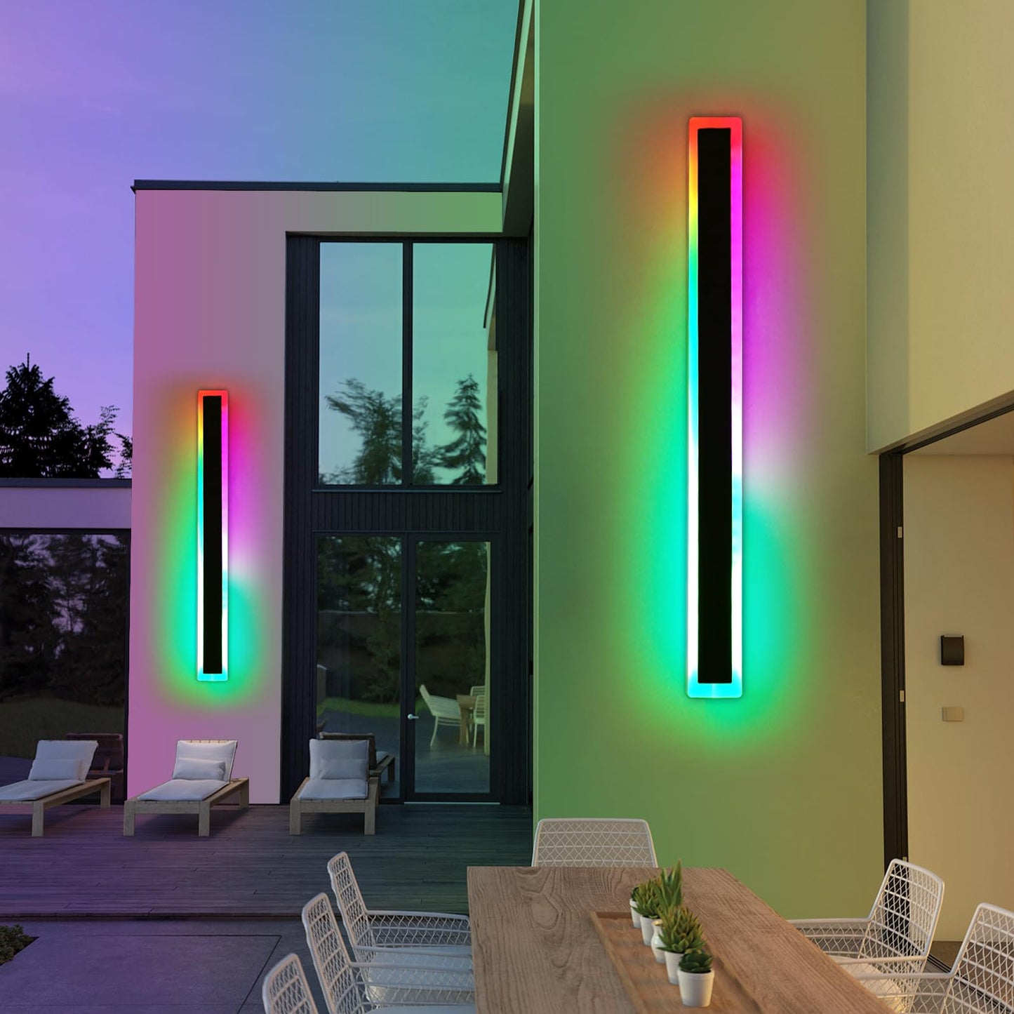 Daoseolo 2 Pack Modern Outdoor Wall Light  59Inch Rgb Led Wall Sconce  Ip65 Waterproof  10 Colors Dimmable Wall Mount Light Fixture For Fence  Garage  House  Black Aluminium  With Remote Control