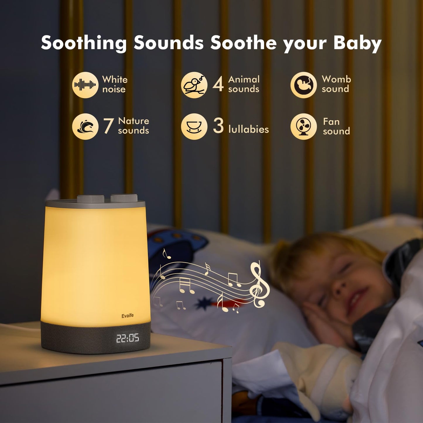 Evaife Baby Sound Machine, Nursery Night Light for Kids, Alarm Clock, White Noise Machine for Sleeping, OK to Wake Clock for Toddlers, APP Control, Fan Rain Wave, Sleep Trainer