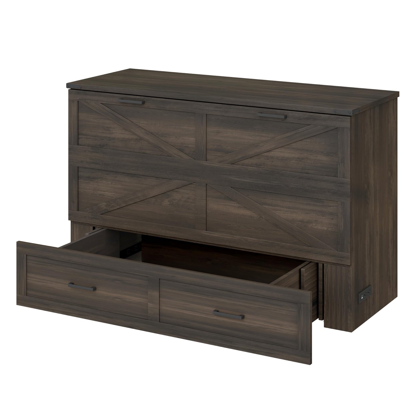 Ball & Cast Murphy Bed Queen,Farmhouse Hideaway Cabinet Bed with Charging Station and Large Storage Drawer,Foldable Wall Murphy Beds w/Slat Support,Space-Saving Furniture for Study,Office,Rustic Gray