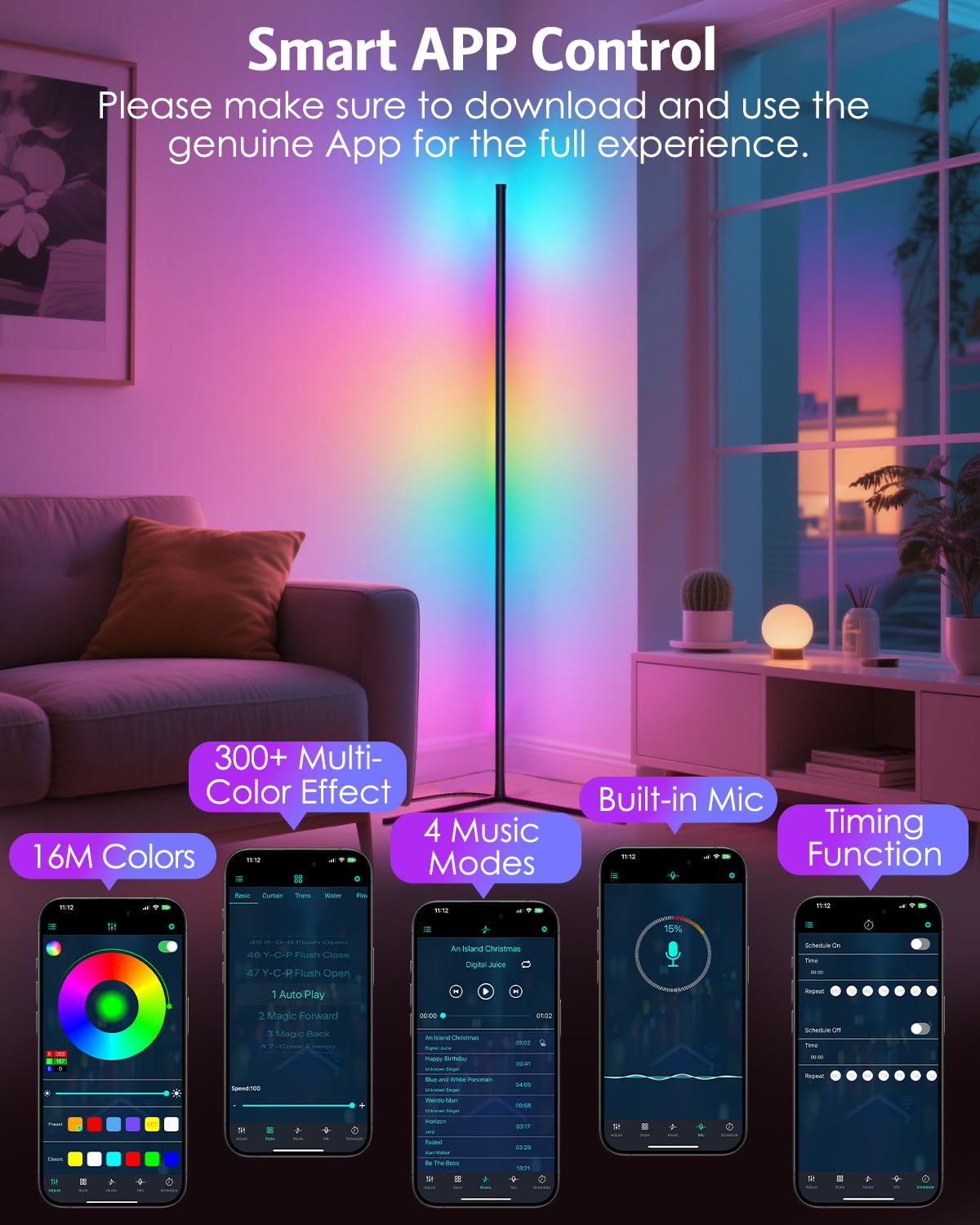 Temracha Upgraded Floor Lamp, 64.5in  RGB LED, App & Remote Control, 16 Million Colors, Black, Model PL101-TM-US
