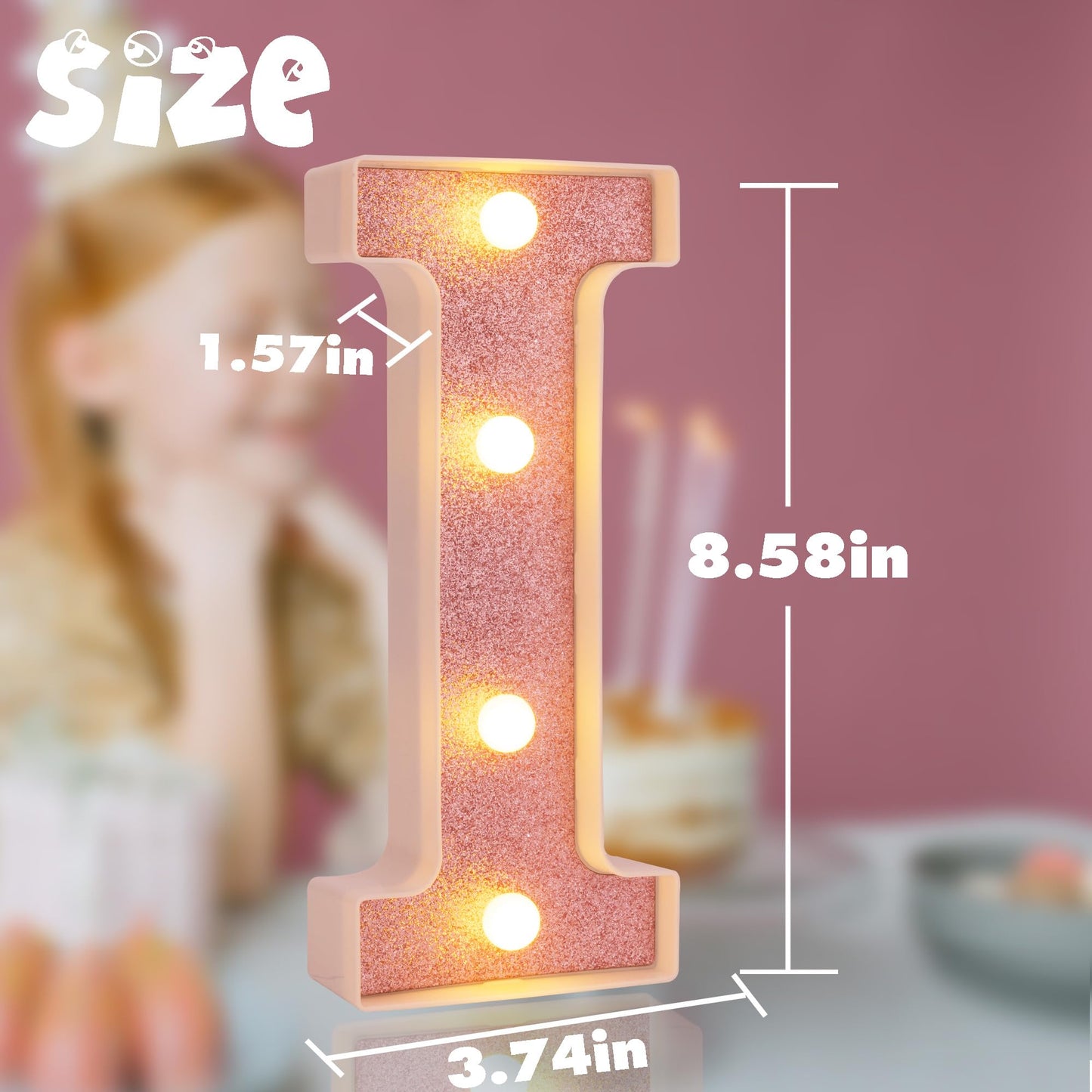 DyingSwan Small LED Marquee Letter I, Light Up Sign, 8.58in Pink Glitter, Battery Powered, Table Decor