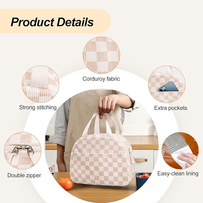 Lunch Box for Women,Cute Corduroy Lunch Tote Bag,Reusable Insulated Lunch Box,Large Capacity Cooler Bag with Compartments for Work, Picnics or Travelling