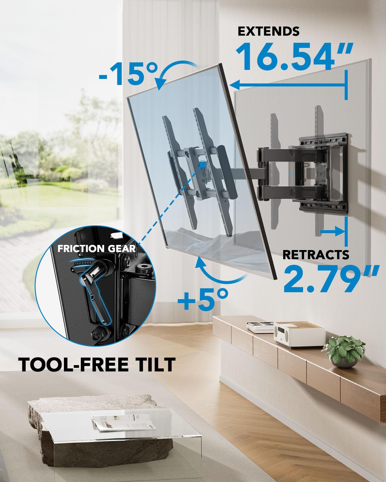 Pipishell Full Motion TV Wall Mount for 42-85 inch Flat Screen LED TV up to 132lbs Swivel Dual Articulating Arms Mount, Tool-Free Tilt Bracket Max VESA 600x400mm, Fits 8” 12” 16" Wood Studs