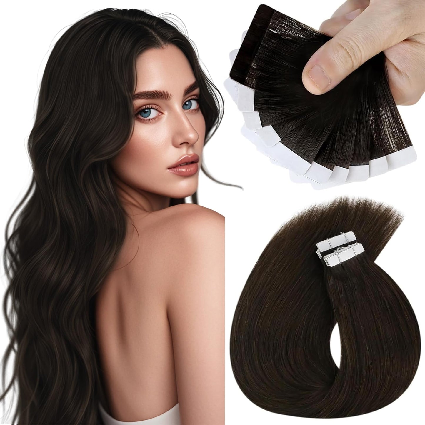 Sunny Hair Tape in Hair Extensions Real Human Hair Invisible Remy Hair Extensions Tape ins for Women Darkest Brown 22 inch 25G