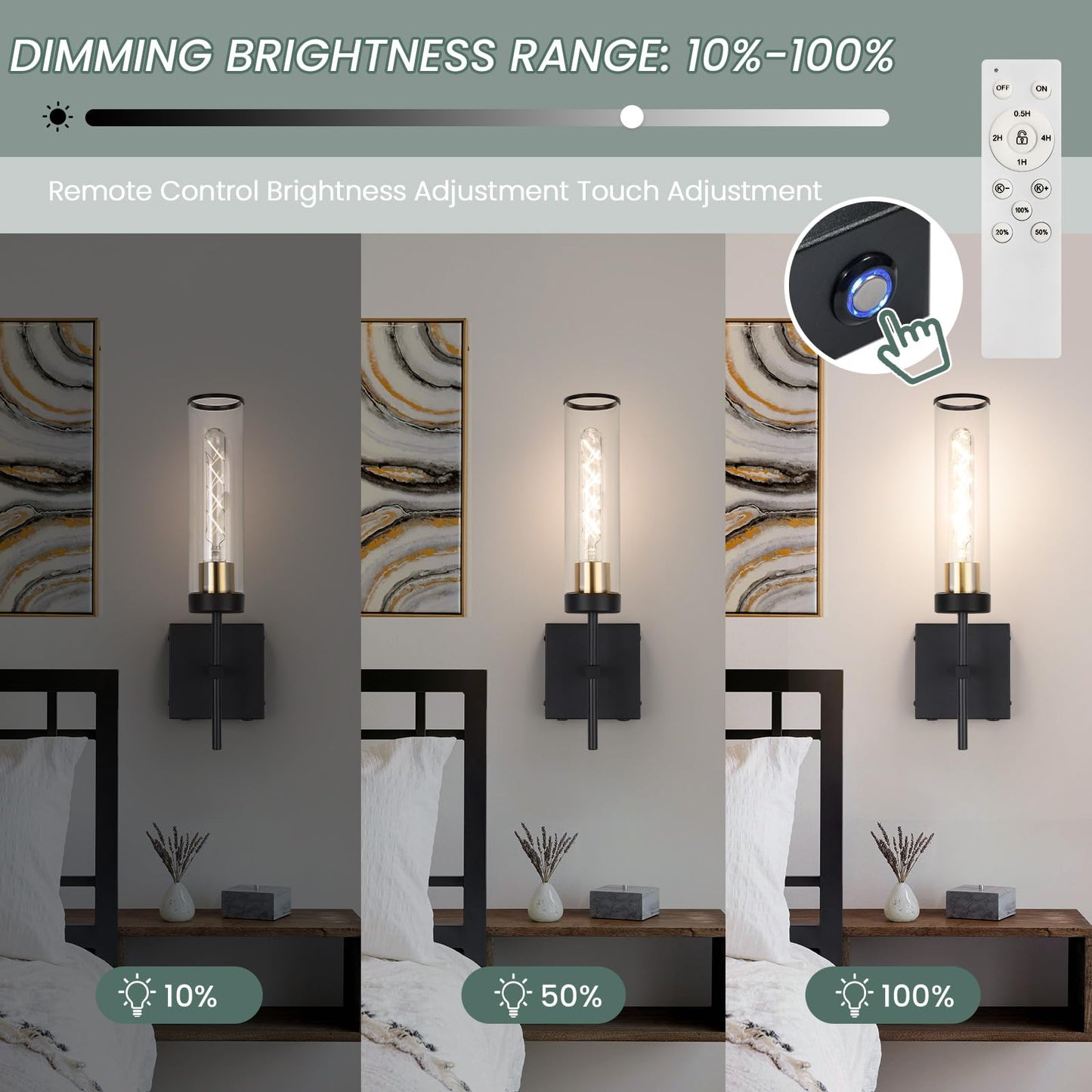 Loiogohot Wall Sconce, Battery Operated, 10400mAh, Dimmable, Black and Gold, Model WL-BN2426-BKGD-ME, Warm Light