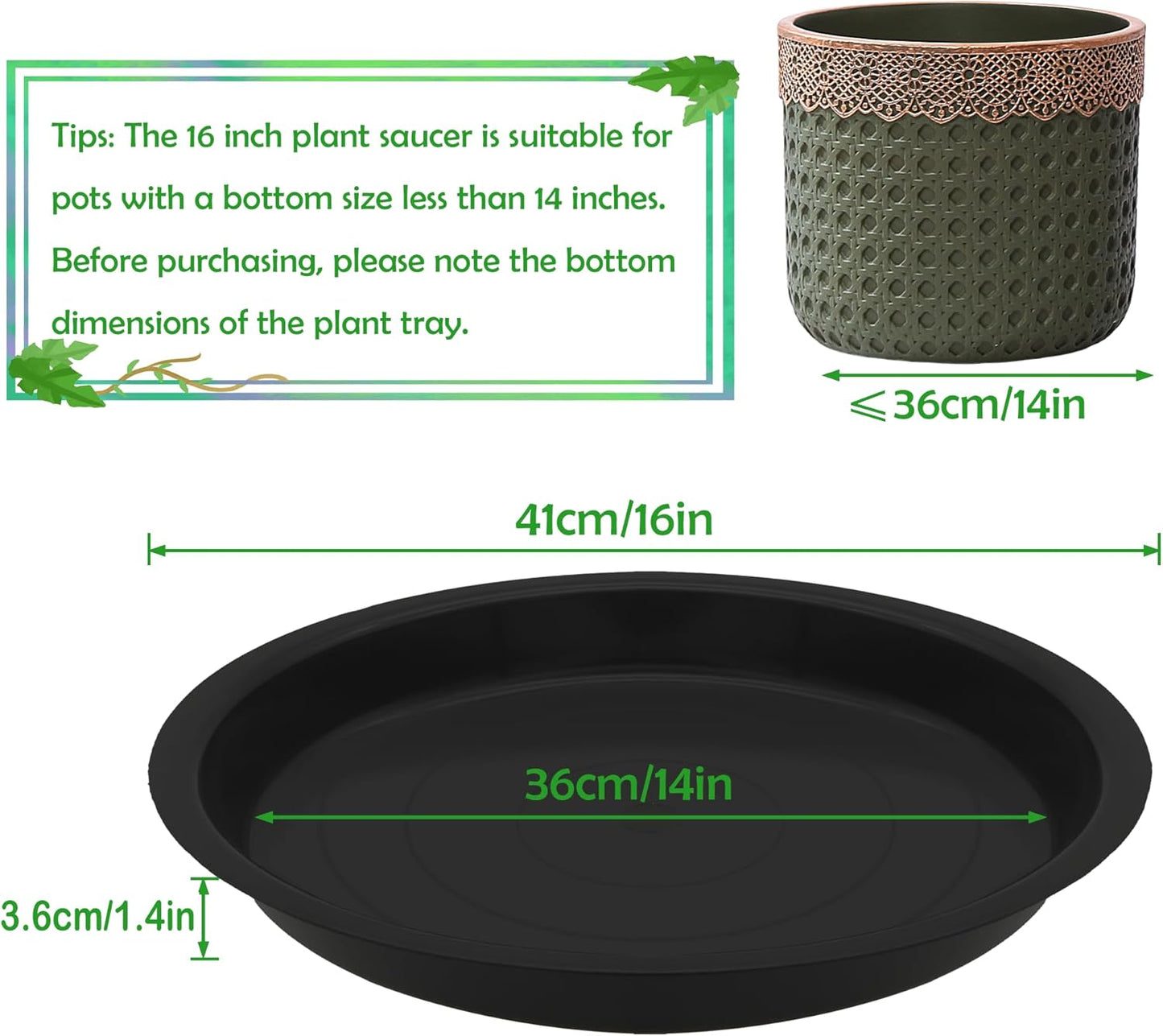 4 Pack 16 Inch Round Plant Saucers for Less 14Inch Pot Indoors Outdoors Plant Trays for Pots Planter Saucer Plastic Plant Drip Tray Flower Planter Water Tray for Potted Plants(Black, 16"(4pcs))