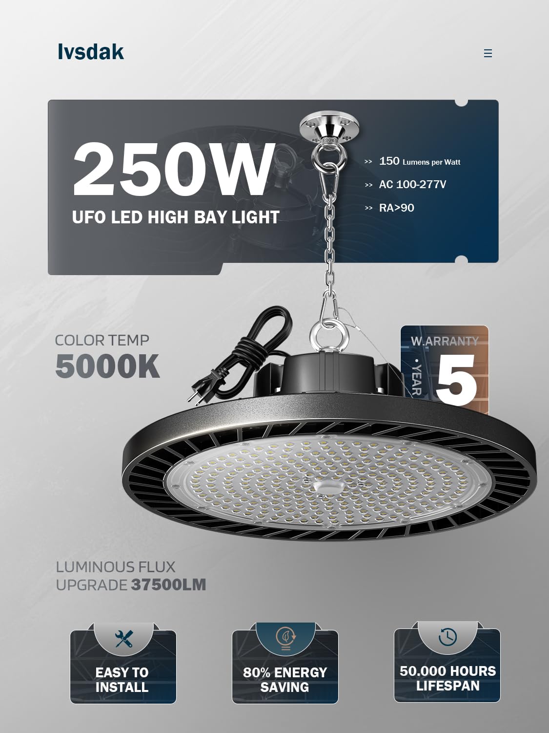 Lvsdak Ufo Led High Bay Lights 250W (Eqv.1000W Mh/Hps/Hid) 5000K Daylight 37500Lm With 5Ft Cable High Bay Led Shop Lights Commercial Lighting Fixture For Warehouse Workshop Barn Factory 6 Pack