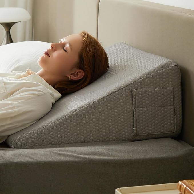 Wedge Pillow for Sleeping, 12 inch Elevated Support Bed Wedge Pillow, Breathable Triangle Pillow Wedge with Cooling Memory Foam Top - Removable Washable Cover, Grey