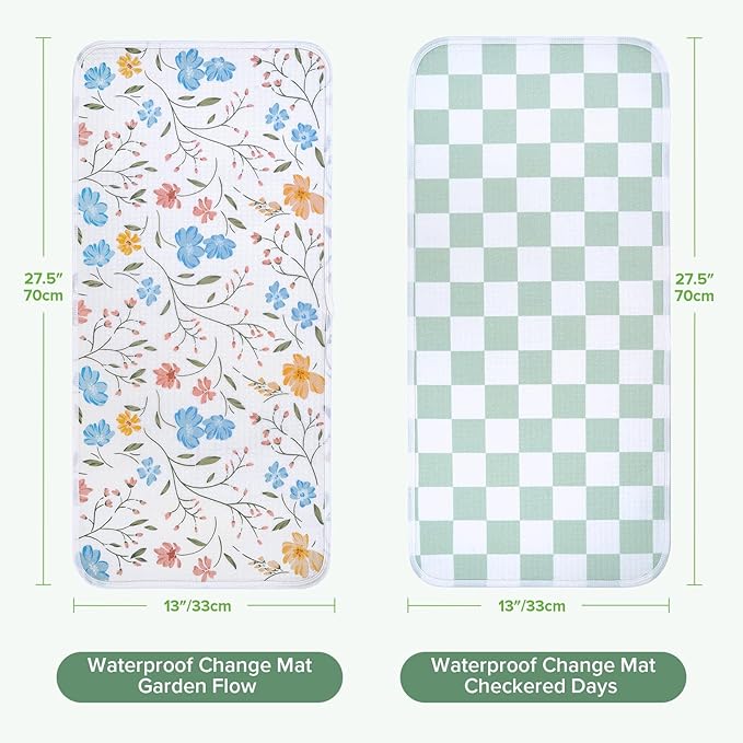 haakaa Waterproof Changing Pad Liners, 100% Cotton, Soft & Breathable (2pcs, 13" x 27.5" Garden Flow+Checkered Days)