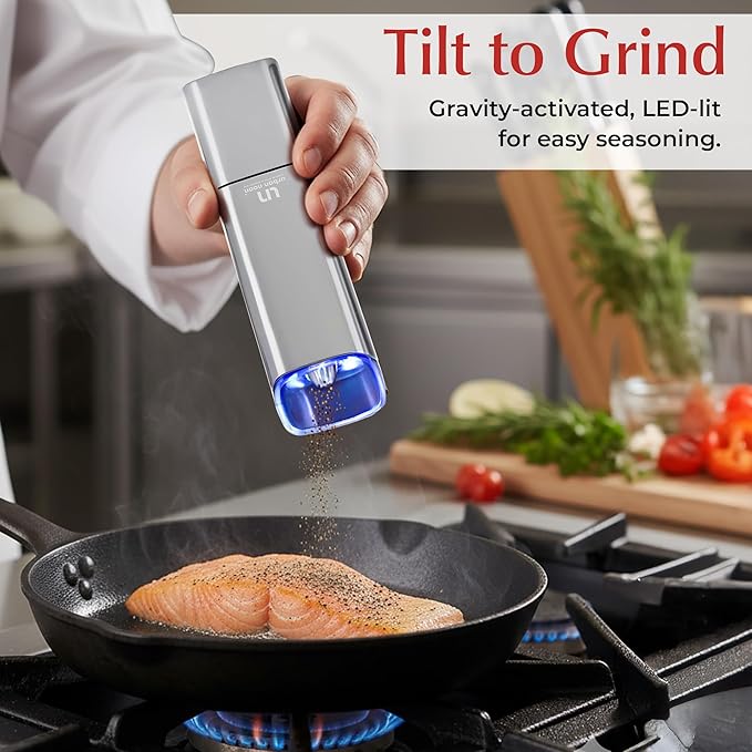 Automatic Salt and Pepper Grinder Set - Rechargeable Electric Salt and Pepper Shakers with Adjustable Coarseness, LED Light, One-Handed Use, Gravity Salt Grinder and Electric Pepper Mill