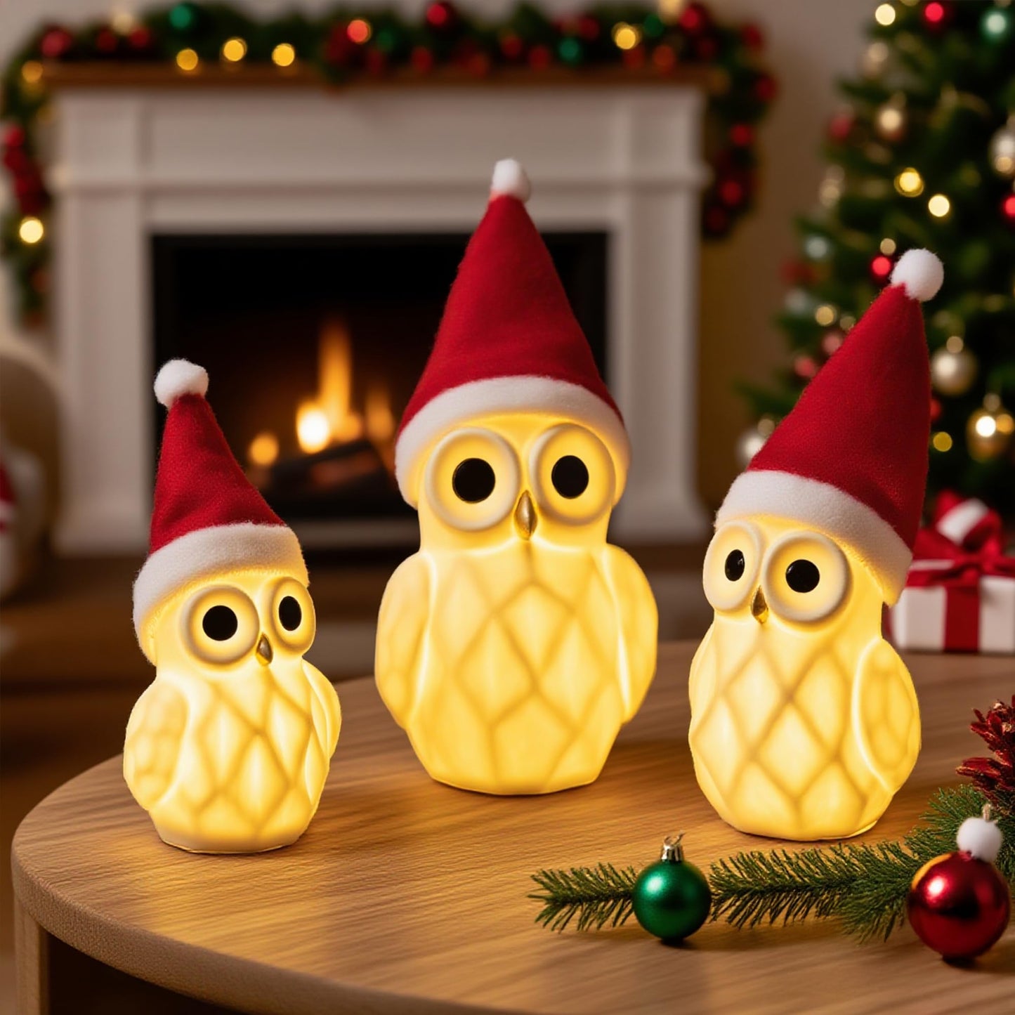 Nerosun Christmas Lighted Owl Figurines  3 Pack Ceramic White Light Up Led Owl Family Ornaments Table Centerpiece  Christmas Decorations For Tabletop Mantel Fireplace Cabinet Indoor Xmas Decor Gift