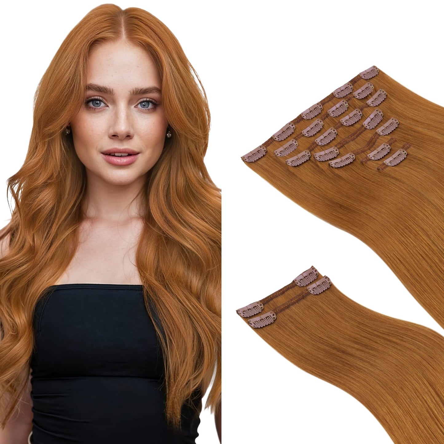 HOTBANANA Clip in Hair Extensions Real Human Hair, 135g 9pcs 14 inch Auburn Ginger Straight Remy Clip in Extensions Full Head fo