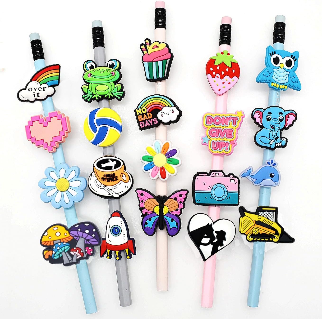 Lot Random Different Decorative Pencil Toppers 205Pack Cute Cool Pencil Charms Pencil Clips Decorations Bulk PVC Pen Topper for School Prize Classroom Reward Student Gifts