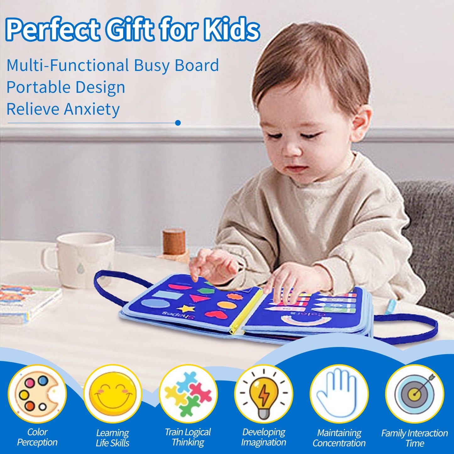 Soupost Montessori Busy Board for Toddlers Children's Sensory Toys, Buttons & Laces Develop Fine Motor Skills Travel-Friendly Learning Activity Board, for Kids