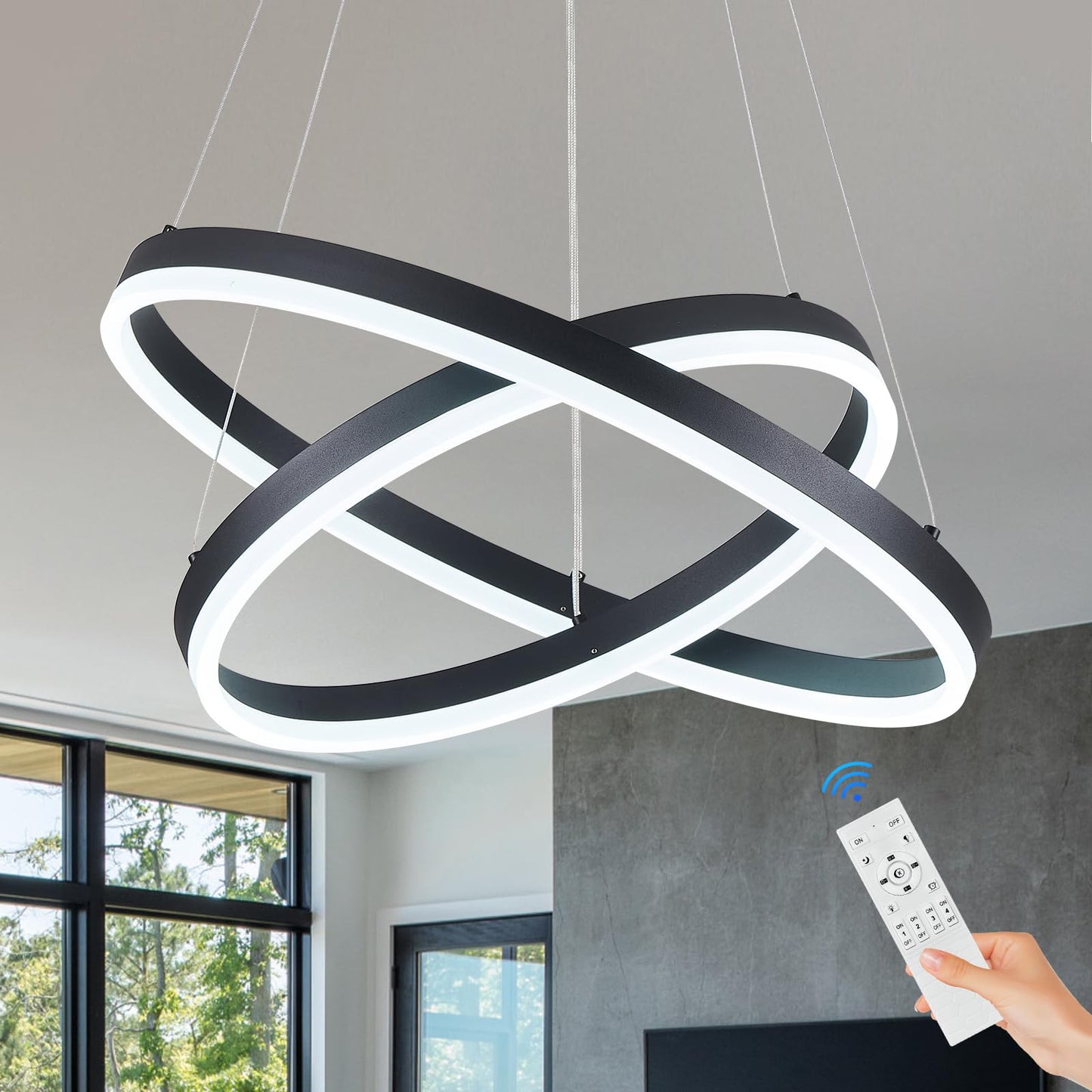 Sparklelf Modern LED Chandelier Pendant Light, Black, 2 Rings, Remote Control, Circular Flush Mount, 3000K-6500K for Living Room, Bedroom, Dining Room