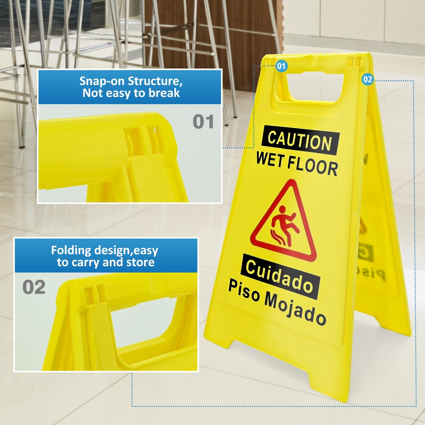 YOLNEXI 2 Pack Caution Wet Floor Sign, 17.5" Height, Bright Yellow, Double-Sided A-Frame Safety Caution Sign Commercial, Bilingual Caution Message