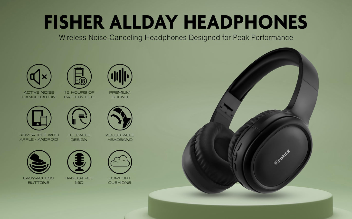 Fisher Active Noise Cancelling Headphones, Over Ear Wireless Bluetooth 5.3 w Microphone, Lightweight Comfortable Headset for Home Travel, 16H Playtime, Rechargeable, Hi-Res Sound Audio, Deep Bass