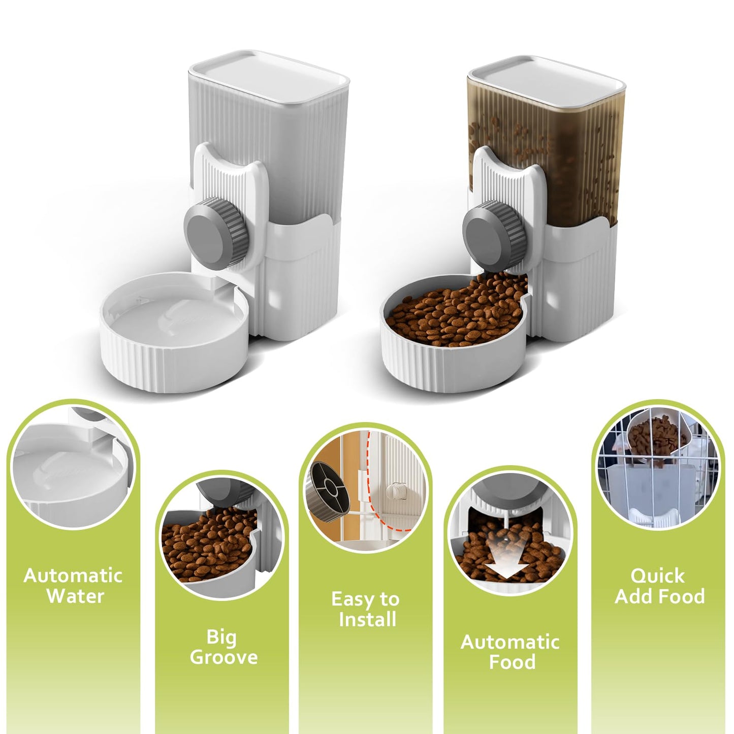 Hanging Cage Automatic Small Pet Food Bowl Water Bottle Dispenser, 1L Auto Gravity Pet Feeder and Waterer Set Kennel Feeding Station Crate Feeder Dish for Rabbit Puppy Cats Ferret (Grey)