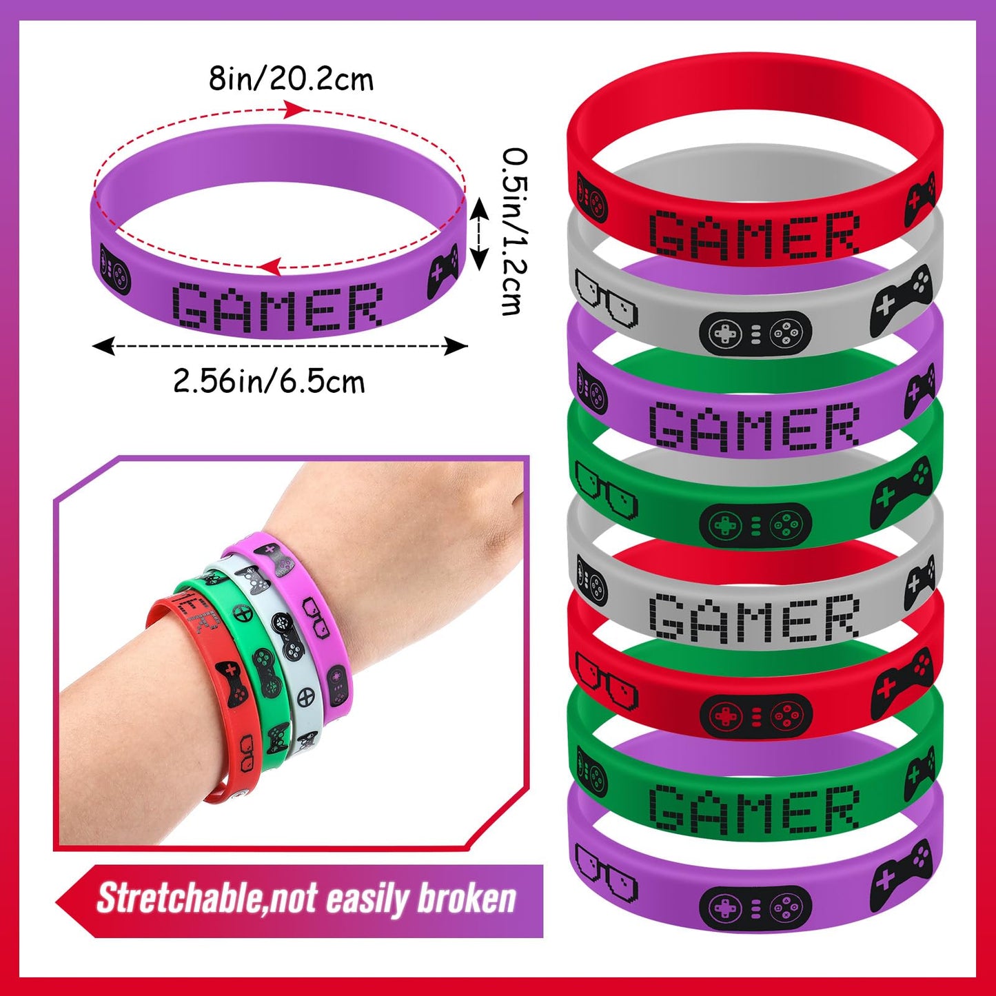 JOVITEC 48pcs Gaming Party Favors Bands, Video Game Bracelet Rubber,video Party Wristbands Supplies (Red, Green, Purple, Grey)