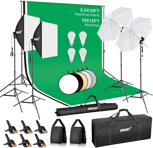 EMART 8.5 x 10 ft Backdrop Support System, Professional Photography Lighting Kit with 10*12ft Backdrop*3, 50W LED Blub, Re...